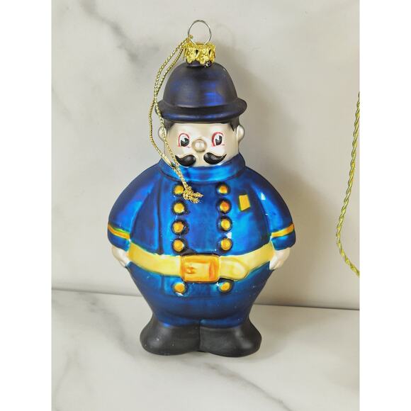 Christmas Blown Glass Ornaments Harold Cop Cowboy Santa Cable Car Pickle x5 Vtg - Picture 2 of 16